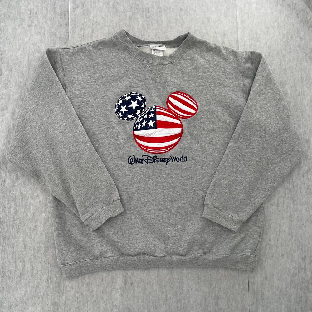 Walt Disney World Sweater Adult Large Gray Mickey Mouse USA Flag Pullover Mens L